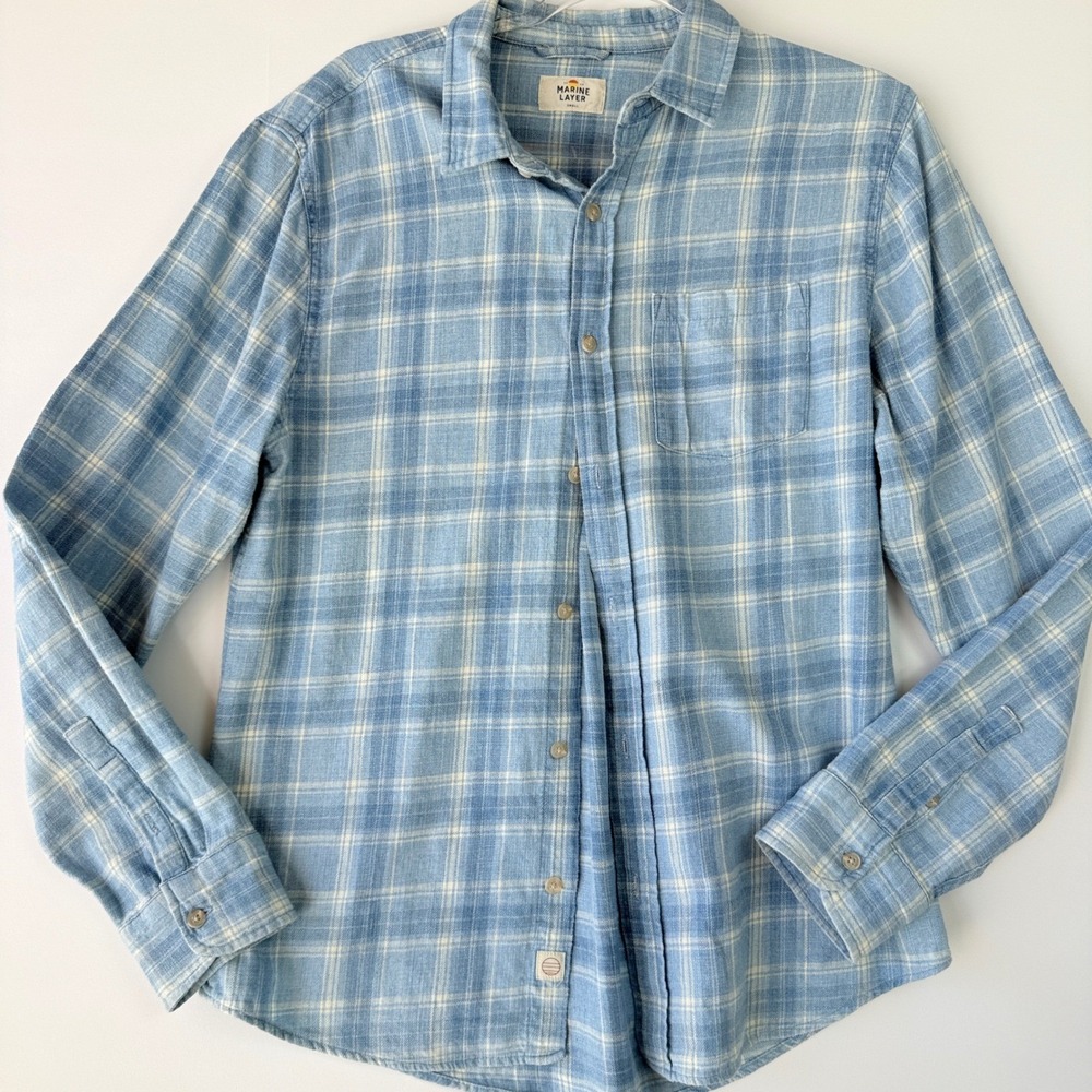 Marine Layer Mens Selvedge Plaid Shirt Indigo White Blue Cotton Small 14539
